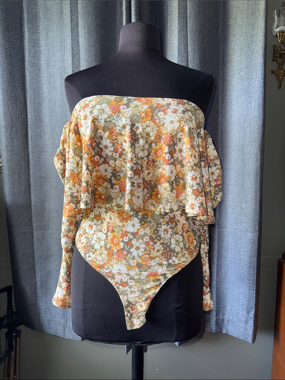 Willow + Root Off-Shoulder Floral Ruffle Bodysuit in Orange and Cream